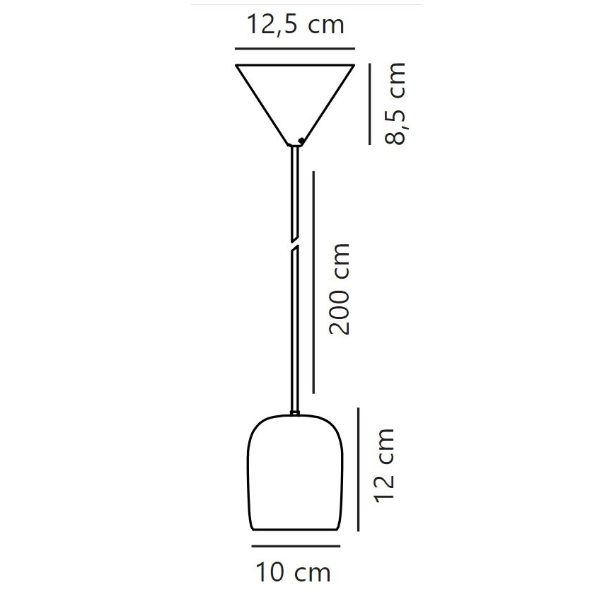Závesné svietidlo visí z trojuholníkového tienidla. Tienidlo má rozmery 12,5 cm v priemere a 8,5 cm vo výške. Svietidlo má oválny tvar, výšku 12 cm a šírku 10 cm. Celková dĺžka je 200 cm.