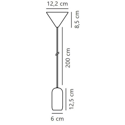 Závesné svietidlo visí zo stropu. Má trojuholníkový vrchný diel (12,2 cm x 8,5 cm) a valcový spodný diel (12,5 cm x 6 cm). Dĺžka svietidla je 200 cm.