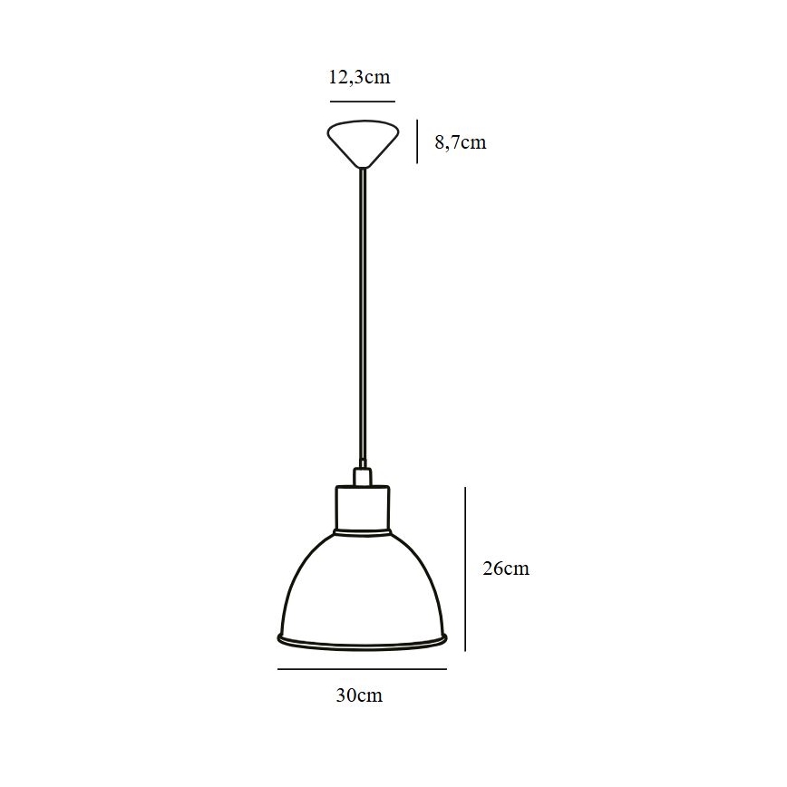 Závesné svietidlo visí zo stropu. Má kužeľovitú hornú časť a polguľovitý tienidlo. Rozmery: priemer tienidla 30 cm, výška tienidla 26 cm, výška hornej časti 8,7 cm, celková výška 12,3 cm.