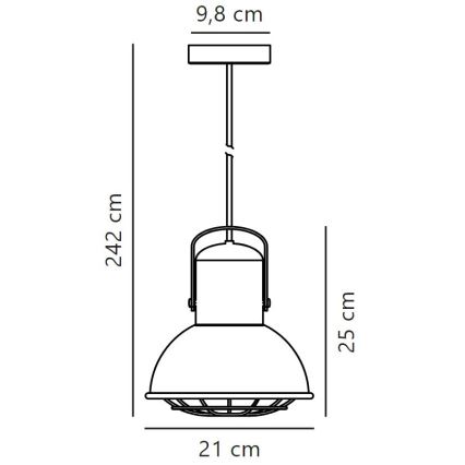 Závesné svietidlo visí zo stropu. Má kovový tienidlo s ochrannou mriežkou. Rozmery: priemer 21 cm, výška 25 cm, dĺžka kábla 242 cm, priemer stropnej úchytky 9,8 cm.