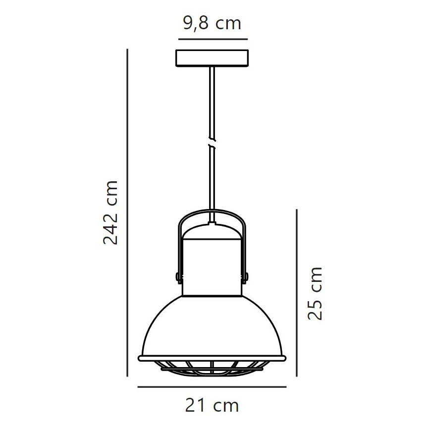 Závesné svietidlo visí zo stropu. Má kovový tienidlo s ochrannou mriežkou. Rozmery: priemer 21 cm, výška 25 cm, dĺžka kábla 242 cm, priemer stropnej úchytky 9,8 cm.