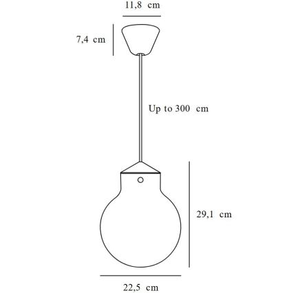 Závesné svietidlo visí zo stropu. Má guľovité tienidlo s priemerom 22,5 cm a výškou 29,1 cm. Celková dĺžka je až 300 cm. Horná časť tienidla má priemer 11,8 cm a výška je 7,4 cm.