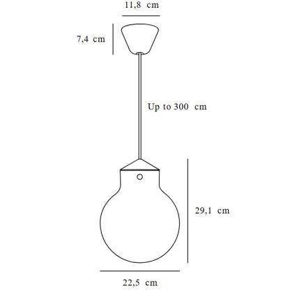 Závesné svietidlo s guľovitým tienidlom visí zo stropu na dlhom kábli. Tienidlo má priemer 22,5 cm a celková výška svietidla je až 300 cm. Horná časť svietidla je kužeľovitá.