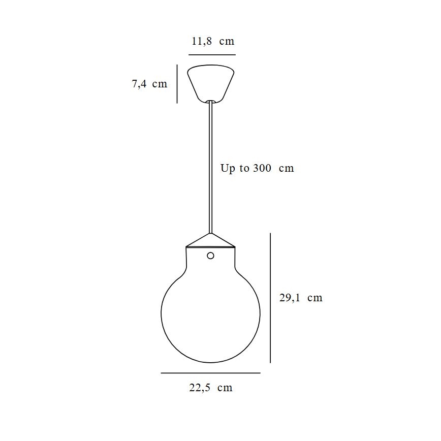 Závesné svietidlo s guľovitým tienidlom visí zo stropu na dlhom kábli. Tienidlo má priemer 22,5 cm a celková výška svietidla je až 300 cm. Horná časť svietidla je kužeľovitá.