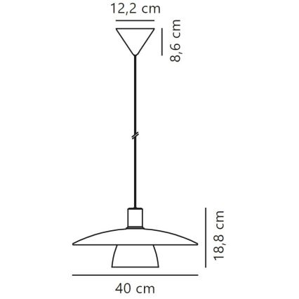 Závesné svietidlo s plochým tienidlom a kužeľovitým vrchom visí zo stropu na dlhom kábli. Šírka tienidla je 40 cm, výška 18,8 cm, vrchný kužeľ má rozmery 12,2 cm x 8,6 cm.