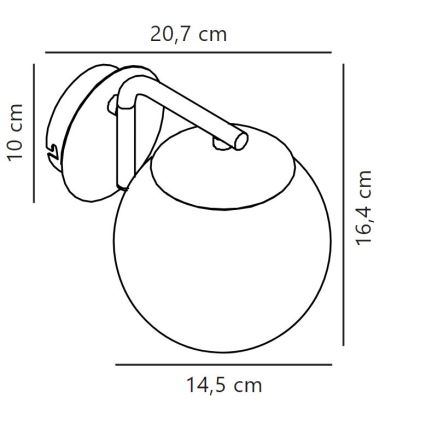 Nástené svietidlo je pripevnené k stene. Svietidlo má guľovitý tvar s priemerom 14,5 cm a výškou 16,4 cm. Celková výška s nástennou konzolu je 20,7 cm a šírka 10 cm.