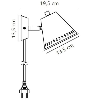 Nástená lampa s kužeľovitým tienidlom s perforáciou, pripojená káblom so zástrčkou. Rozmery: výška 13,5 cm, šírka 19,5 cm.