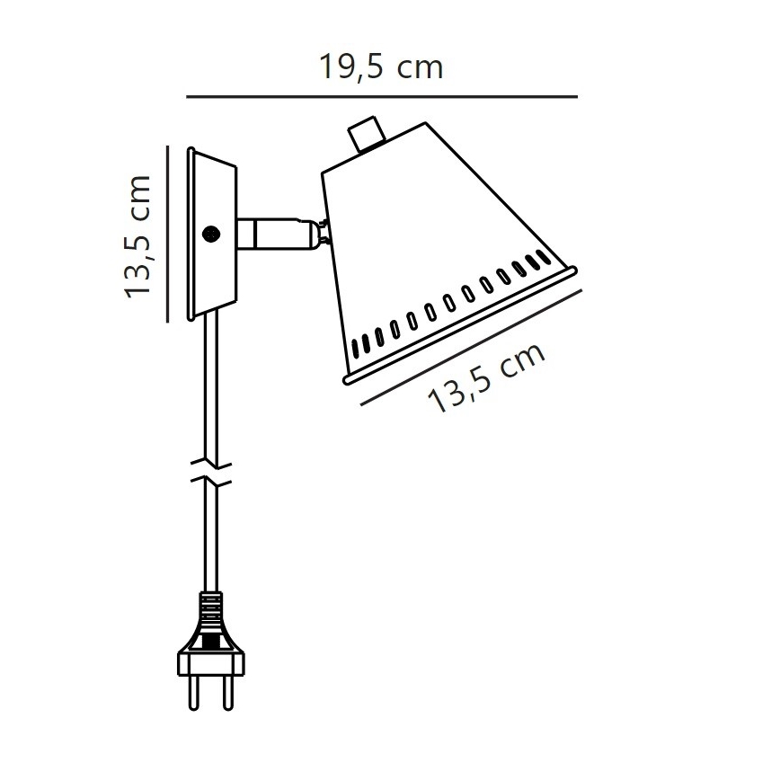 Nástená lampa s kužeľovitým tienidlom s perforáciou, pripojená káblom so zástrčkou. Rozmery: výška 13,5 cm, šírka 19,5 cm.