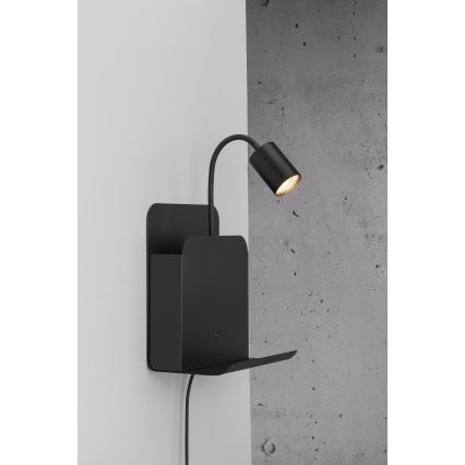 Nordlux - Nástenné bodové svietidlo s poličkou a USB ROOMI 1xGU10/8W/230V čierna
