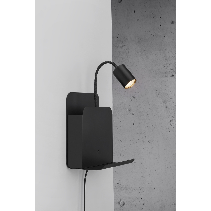 Nordlux - Nástenné bodové svietidlo s poličkou a USB ROOMI 1xGU10/8W/230V čierna