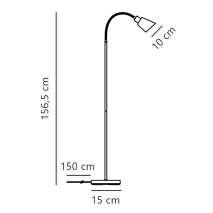 Stojacia lampa s výškovo nastaviteľným ramenom a tienidlom s priemerom 10 cm, stojí na 15 cm širokej základni, celková výška 156,5 cm. Výška stojana je 150 cm.