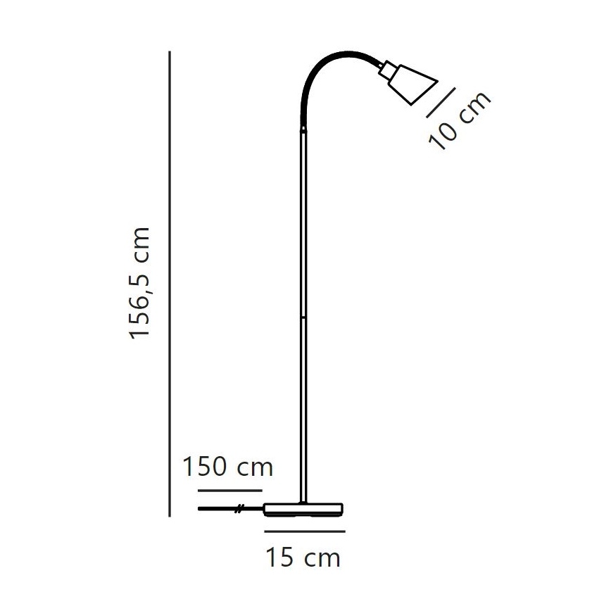 Stojacia lampa s výškovo nastaviteľným ramenom a tienidlom s priemerom 10 cm, stojí na 15 cm širokej základni, celková výška 156,5 cm. Výška stojana je 150 cm.