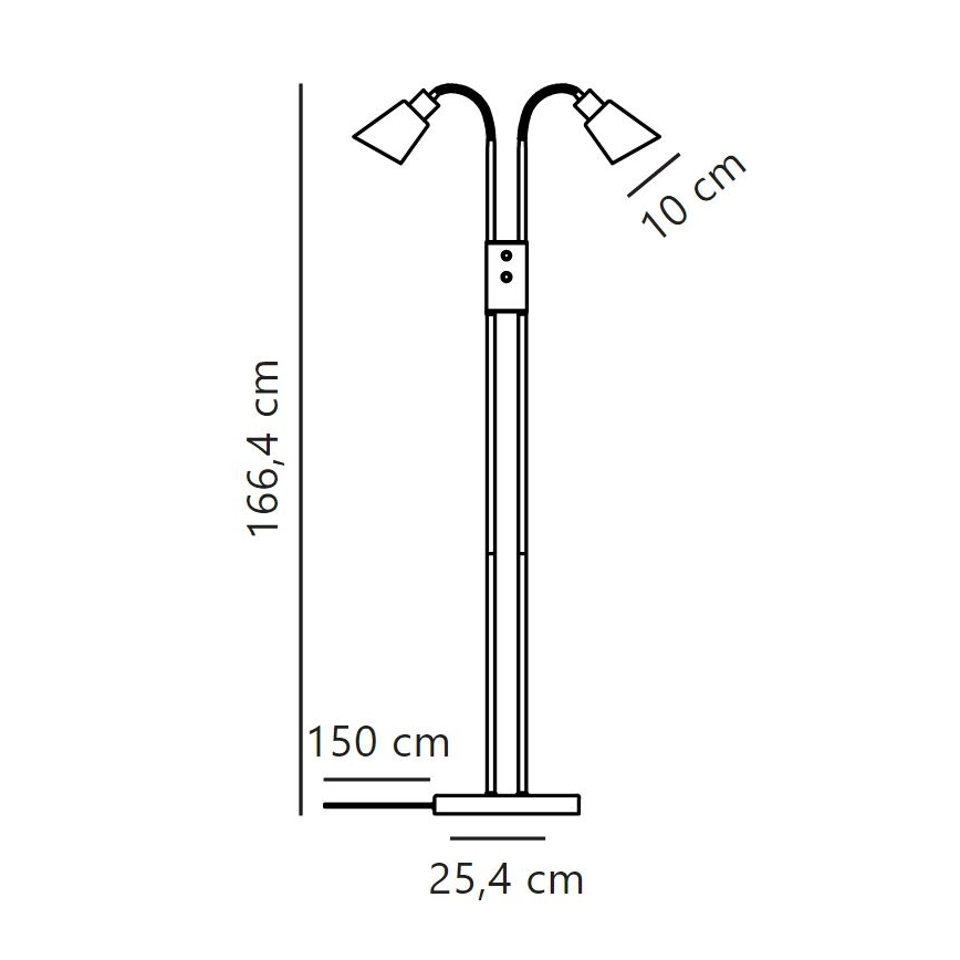 Stojacia lampa s dvoma ramenami a tienidlami stojí na štvorcovej základni. Výška lampy je 166,4 cm, šírka základne 25,4 cm a vzdialenosť medzi tienidlami 10 cm. Výška tienidiel od zeme je 150 cm.