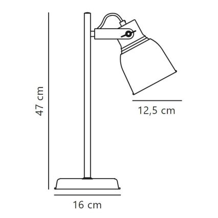 Stolová lampa s tienidlom v tvare zvonu je umiestnená na kovovej nohe. Výška lampy je 47 cm, šírka tienidla 12,5 cm a základne 16 cm.