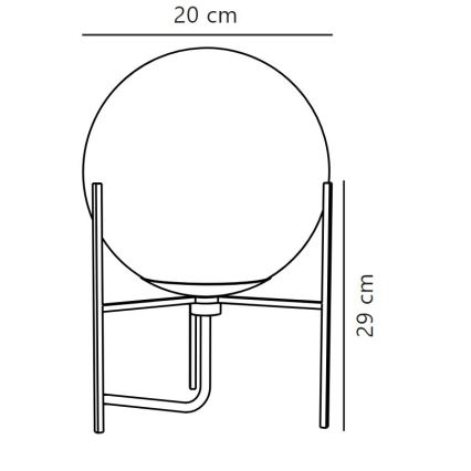 Stolová lampa s guľovou tienidlom o priemere 20 cm stojí na trojnohom stojane s výškou 29 cm.