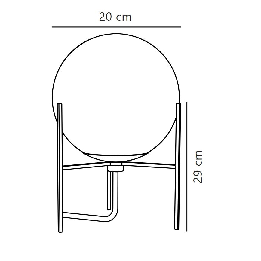 Stolová lampa s guľovou tienidlom o priemere 20 cm stojí na trojnohom stojane s výškou 29 cm.
