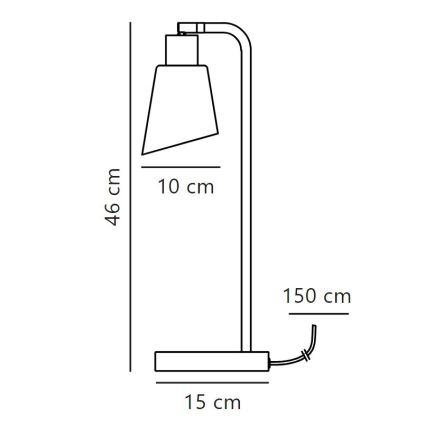 Stolová lampa s asymetrickým tienidlom s výškou 46 cm a šírkou 10 cm stojí na 15 cm širokej základni. Celková výška lampy je 150 cm. Lampa má prívodný kábel.