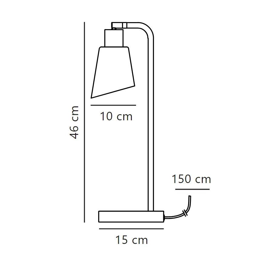 Stolová lampa s asymetrickým tienidlom s výškou 46 cm a šírkou 10 cm stojí na 15 cm širokej základni. Celková výška lampy je 150 cm. Lampa má prívodný kábel.