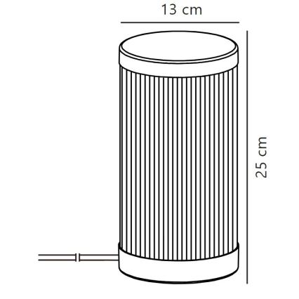 Valcová lampa s vertikálnymi drážkami, je pripojená káblom, má výšku 25 cm a priemer 13 cm.