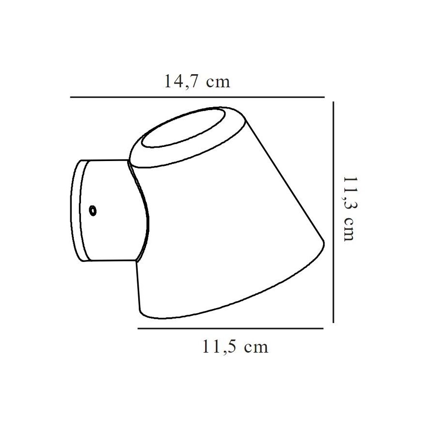 Nástená lampa je zobrazená v čiernobielej schéme s rozmermi: 14,7 cm na výšku, 11,3 cm na šírku a 11,5 cm na dĺžku. Lampa je pripevnená k stene.