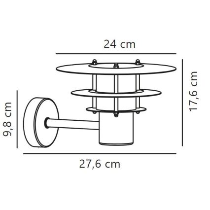 Nástené svietidlo s tromi kruhovými tienidlami a valcovým telom je pripevnené k stene. Rozmery: 27,6 cm (šírka), 17,6 cm (výška), 9,8 cm (hĺbka). Vrchné tienidlo má priemer 24 cm.
