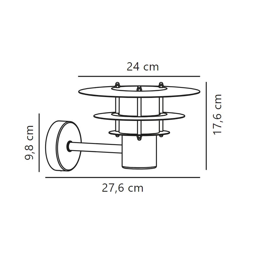 Nástené svietidlo s tromi kruhovými tienidlami a valcovým telom je pripevnené k stene. Rozmery: 27,6 cm (šírka), 17,6 cm (výška), 9,8 cm (hĺbka). Vrchné tienidlo má priemer 24 cm.