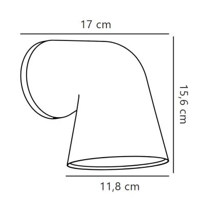 Nástená lampa v tvare písmena J s rozmermi: výška 17 cm, šírka 15,6 cm a priemer tienidla 11,8 cm. Lampa je znázornená čiernobielo, v čelnom pohľade s rozmerovými údajmi.