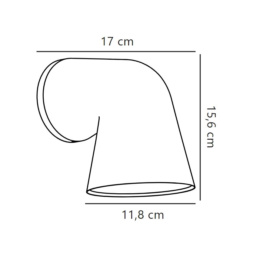Nástená lampa v tvare písmena J s rozmermi: výška 17 cm, šírka 15,6 cm a priemer tienidla 11,8 cm. Lampa je znázornená čiernobielo, v čelnom pohľade s rozmerovými údajmi.