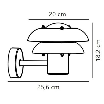 Nástená lampa s dvojitým tienidlom v tvare misy je pripevnená k stene pomocou krátkej tyče a kruhovej základne. Rozmery: výška 18,2 cm, šírka 20 cm, dĺžka ramena 25,6 cm.