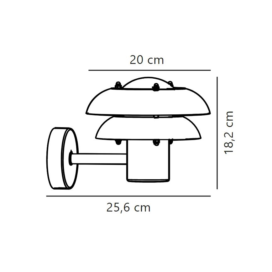 Nástená lampa s dvojitým tienidlom v tvare misy je pripevnená k stene pomocou krátkej tyče a kruhovej základne. Rozmery: výška 18,2 cm, šírka 20 cm, dĺžka ramena 25,6 cm.
