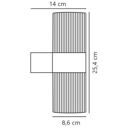 Nástená lampa s vertikálnymi drážkami je zobrazená v čiernobielej technickej kresbe s rozmermi: výška 25,4 cm, šírka 8,6 cm a vrchná časť s výškou 14 cm.