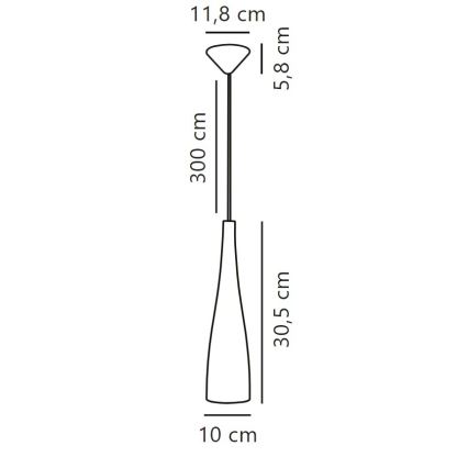 Technický výkres zobrazuje závesné svietidlo s kužeľovitým tienidlom (30,5 cm vysoké, 10 cm široké na spodku) a malým vrchným tienidlom (priemer 11,8 cm). Svietidlo je zavesené na 300 cm dlhom káble.