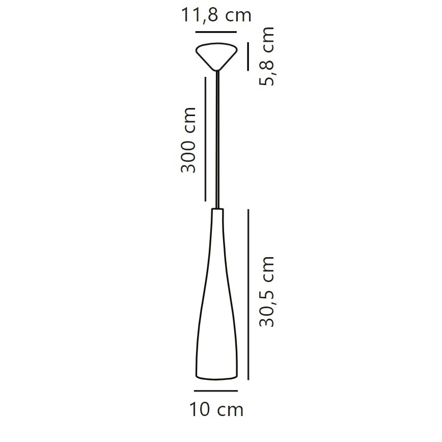 Technický výkres zobrazuje závesné svietidlo s kužeľovitým tienidlom (30,5 cm vysoké, 10 cm široké na spodku) a malým vrchným tienidlom (priemer 11,8 cm). Svietidlo je zavesené na 300 cm dlhom káble.
