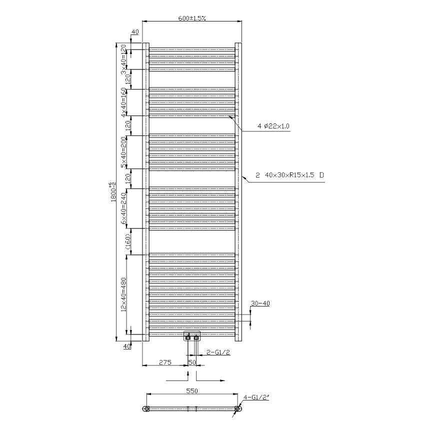 Novaservis - Kúpeľňový rebríkový radiátor 630W/230V 180x60 cm lesklý chróm rovný