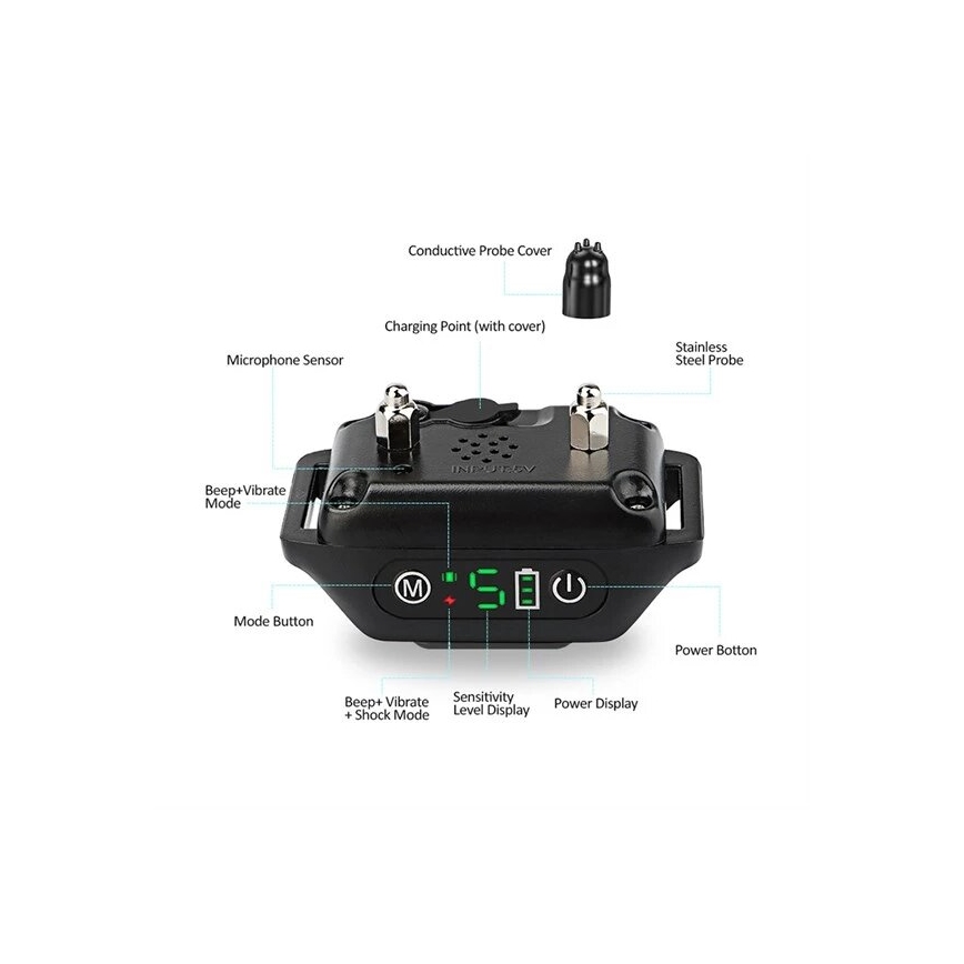 Elektronický obojok pre psov zobrazuje nastavenia na displeji. Obsahuje tlačidlá pre režimy, mikrofón a kovové elektródy. Súčasťou je nabíjací bod a kryty elektród.