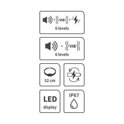Štyri štvorce s ikonami a textom opisujú vlastnosti zariadenia: zvuk a vibrácie na 6 úrovniach, rozmer 52 cm, LED displej a vodeodolnosť IP67.