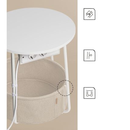 Odkladací stolík NOIRA 45 cm s vstavanými zásuvkami a USB portami, béžová/biela