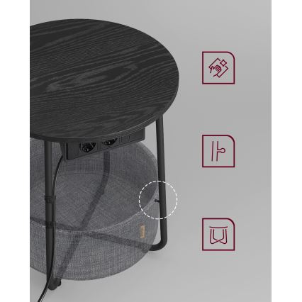 Odkladací stolík NOIRA 45 cm so vstavanými zásuvkami a USB portami, sivá/čierna