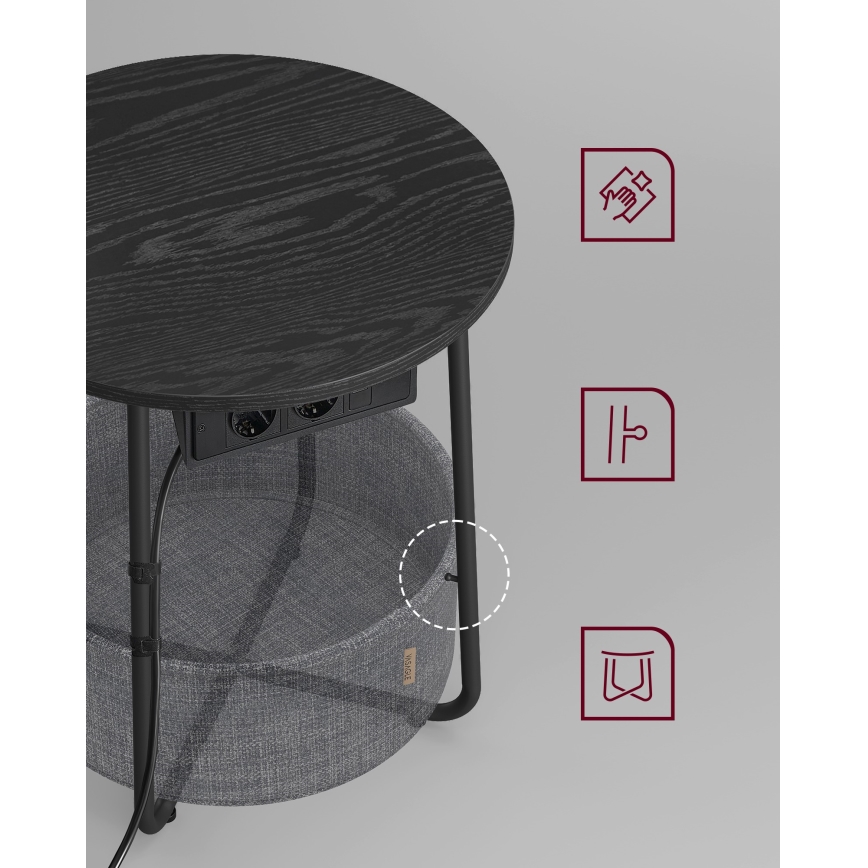 Odkladací stolík NOIRA 45 cm so vstavanými zásuvkami a USB portami, sivá/čierna