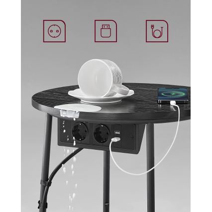 Odkladací stolík NOIRA 45 cm so vstavanými zásuvkami a USB portami, sivá/čierna