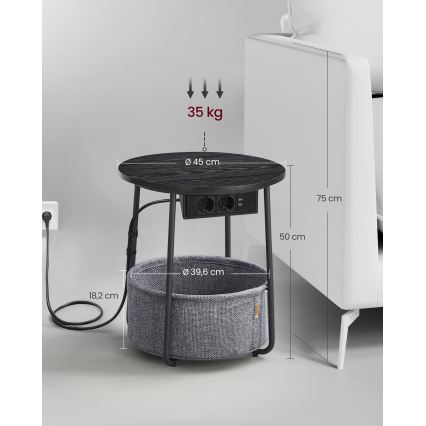 Odkladací stolík NOIRA 45 cm so vstavanými zásuvkami a USB portami, sivá/čierna