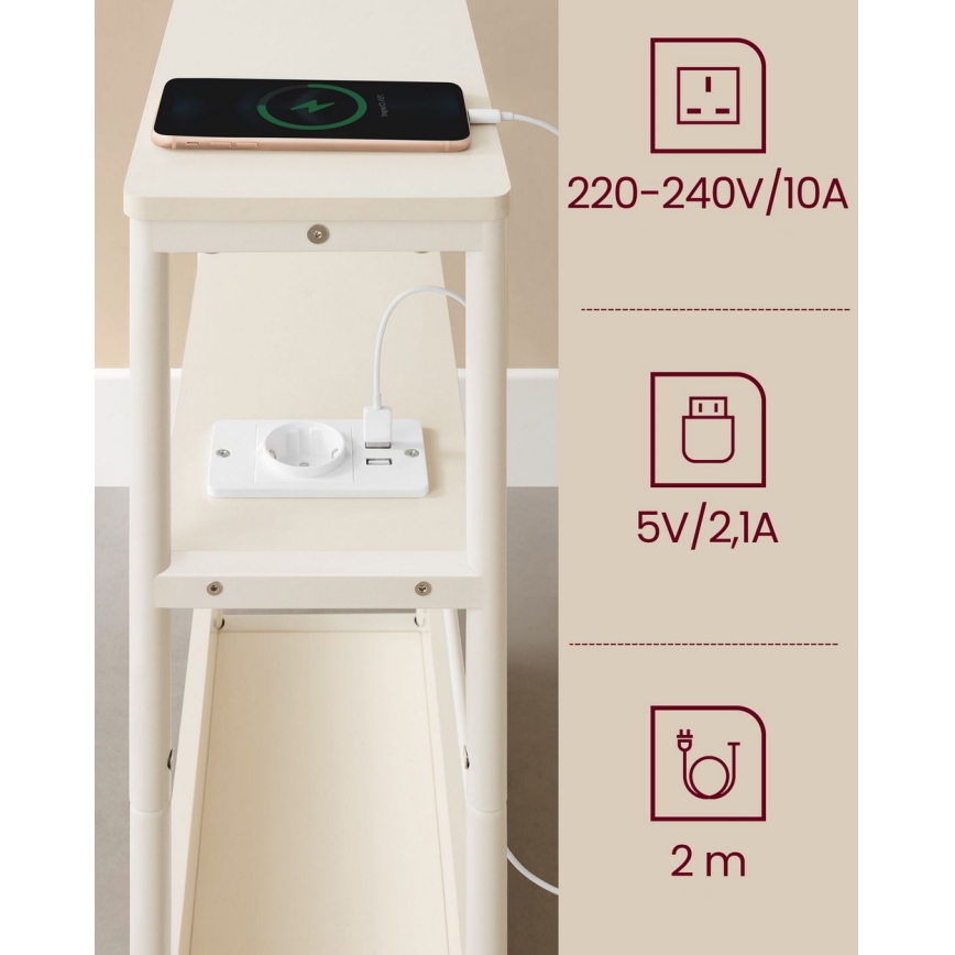 Odkladací stolík ROD s vstavanou zásuvkou a USB portami, biela/krémová