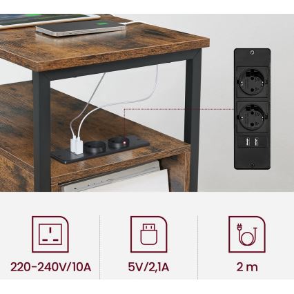 Odkladací stolík ROD so vstavanými zásuvkami a USB portami hnedá/čierna