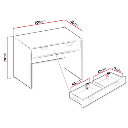 Písací stôl s dvoma zásuvkami, rozmery: 100cm x 78cm x 40cm, zásuvky: 43cm x 31cm x 8cm. Je znázornený s vytiahnutými zásuvkami.