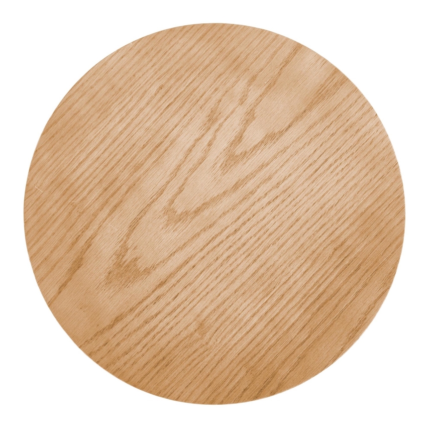 Okrúhla drevená podložka s viditeľnou štruktúrou dreva je zobrazená na bielom pozadí.