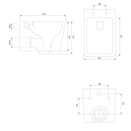 Technický výkres zobrazuje toaletu a umývadlo s rozmermi: toaleta - 530x370x330 mm, umývadlo - 463x365x180 mm, a samostatný výkres s rozmermi pre montáž toalety - 180x135x100 mm.