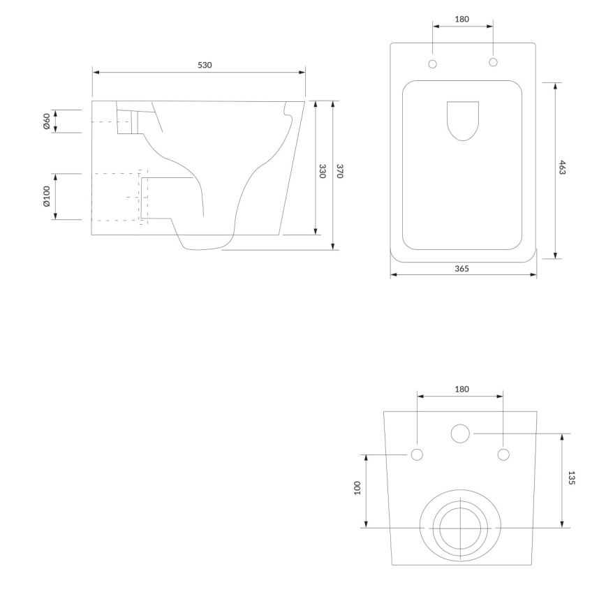 Technický výkres zobrazuje toaletu a umývadlo s rozmermi: toaleta - 530x370x330 mm, umývadlo - 463x365x180 mm, a samostatný výkres s rozmermi pre montáž toalety - 180x135x100 mm.