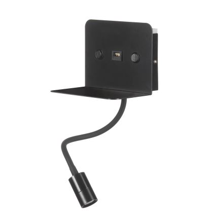 ONLI - LED Flexibilná lampička s policou a USB nabíjaním PLAK LED/1W/230V čierna