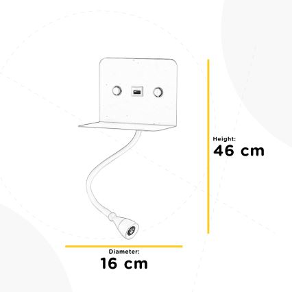 ONLI - LED Flexibilná lampička s policou a USB nabíjaním PLAK LED/1W/230V čierna