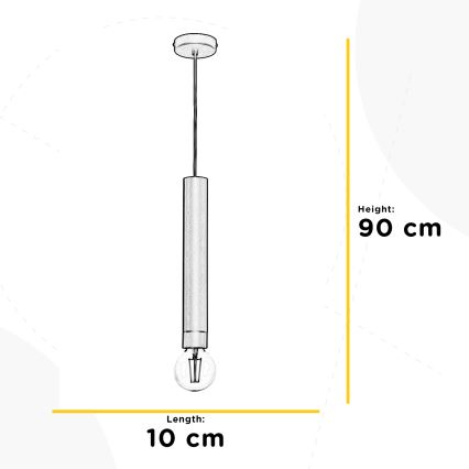 Závesné svietidlo visí zo stropu. Svietidlo je valcovitého tvaru s guľovou žiarovkou. Výška svietidla je 90 cm, dĺžka 10 cm.